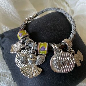 Woman bracelet gray cord with mix silver tone religious charms